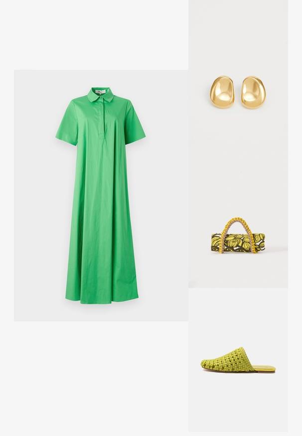 Groene katoenen jurk met een kraaghalslijn, korte mouwen en een ontspannen, vloerlange silhouet. Gladde textuur zonder zichtbare patronen.; Groen geweven slip-on mule met platte zool en gesloten puntige neus, ontworpen voor casual gebruik.; Rechthoekige tas met geel-zwart bloemenpatroon en gevlochten geel-roze handvat op witte achtergrond.; Gouden studs met een gladde, ronde vorm en een reflecterend oppervlak, met een minimalistisch ontwerp en zonder zichtbare patronen.