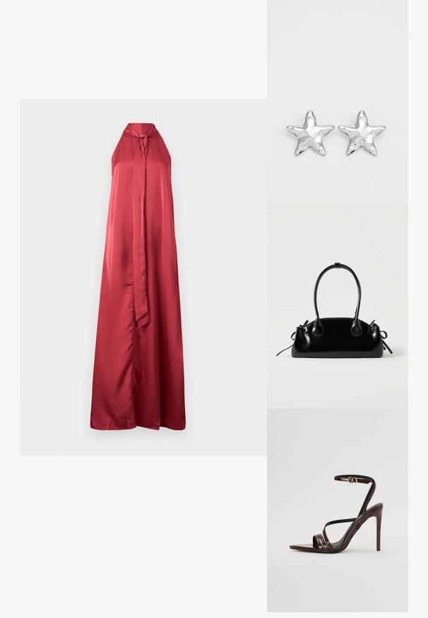 Vestido de satén rojo sin mangas con un escote en forma de llave y una silueta larga y fluida. Presenta un detalle atado en el escote y una textura suave.; Sandalia de tacón alto de charol burdeos con tira en el tobillo, punta afilada y tres tiras horizontales en el pie. Detalle de hebilla en tono dorado.; Pequeño bolso negro brillante con dos asas largas y detalles de cordón lateral sobre un fondo claro liso.; Pendientes en forma de estrella plateada con una superficie pulida y brillante. Cada pendiente presenta cinco puntas y sutiles detalles de textura en la superficie.
