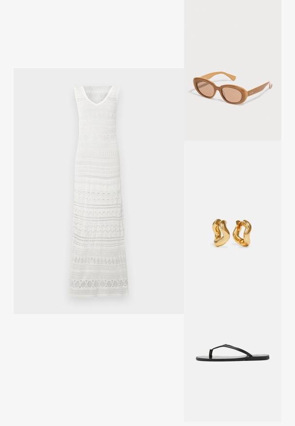 Robe maxi blanche sans manches avec encolure en V, avec des motifs horizontaux en dentelle et crochet sur tout le tissu.; Tongs noires au design minimaliste, avec des sangles fines et une semelle plate. Le matériau semble être du plastique avec une texture lisse.; Lunettes de soleil ovales marron avec des montures épaisses et des verres teintés, légèrement inclinées avec le logo Max Mara sur la branche.; Boucles d'oreilles en forme de créoles dorées avec un design ondulé, présentant une surface lisse et brillante ainsi qu'une forme élégante. Sans fermoirs visibles.