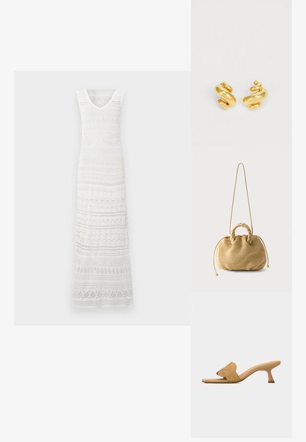 Robe maxi blanche sans manches avec encolure en V, avec des motifs horizontaux en dentelle et crochet sur tout le tissu.; Mule beige à bout ouvert avec un petit talon aiguille bas et une lanière décorative circulaire tissée sur le devant.; Sac à main tissé beige avec poignées supérieures tressées, côtés à cordon de serrage et une longue bandoulière fine sur fond blanc uni.; Boucles d'oreilles en spirale dorées avec une finition lisse et polie, présentant un design sinueux et une forme épaisse et chunky pour un look audacieux.