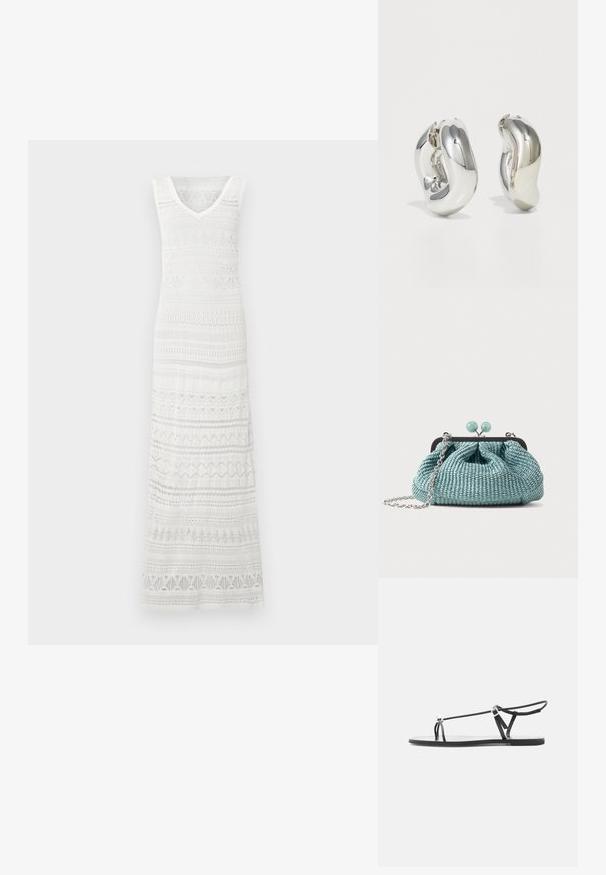 Robe maxi blanche sans manches avec encolure en V, avec des motifs horizontaux en dentelle et crochet sur tout le tissu.; Sandale plate noire avec fines lanières, une boucle pour les orteils et une boucle de cheville ajustable sur un fond gris clair.; Petit sac pochette tissé bleu clair avec une chaîne argentée et une fermeture à boucle ronde sur le dessus.; Boucles d'oreilles sculpturales en argent avec des formes douces et courbes et des surfaces réfléchissantes. Présentent un design de boucle fermée et une forme organique distincte.