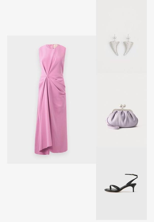 Vestido sin mangas de tela rosa claro, con un detalle frontal retorcido y un dobladillo asimétrico, textura suave con un sutil brillo.; Sandalia negra de cuero para mujer con tiras finas, un lazo para el dedo del pie, hebilla en el tobillo y tacón de aguja de altura media sobre un fondo neutro.; Bolso de mano suave de lavanda con tela recogida, cierre de beso plateado y correa de muñeca a juego sobre un fondo liso y claro.; Pendientes en forma de cuerno plateado, engastados con pequeñas piedras transparentes, que cuentan con un cierre trasero para su sujeción. Textura suave y acabado metálico.