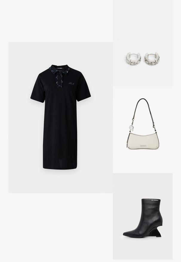 Zwart katoen jurk met korte mouwen, voorzien van een geprinte kraag, knopenlijst en geborduurd logo op de borst.; Zwarte leren enkellaars met gebogen gesculpteerde hak en Karl Lagerfeld-logo nabij de bovenrand op een witte achtergrond.; Witte leren schoudertas met zwarte biezen, verstelbare riem, zilveren Karl Lagerfeld-logo plaatje en silhouetbedeltje aan de riem bevestigd.; Guess STYLISH - Oorbellen - silver-coloured