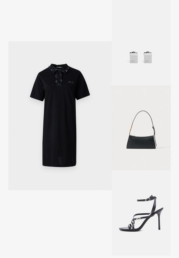 Sort kortærmet kjole lavet af bomuld, med et mønstret krave, knaplukning og broderet logo detaljer på brystet.; Sort højhælet sandal med tynde stropper, ankelspænde og en metal-logo detalje på siden af stroppen, sat mod en hvid baggrund.; Sort læderhåndtaske med en guldlås og justerbar rem med gyldne rektangulære detaljer på en hvid baggrund.; Sølv firkantede manchettknapper med en poleret overflade, prydet med de indgraverede bogstaver "CK" på den ene side og en afrundet detalje på toppen.