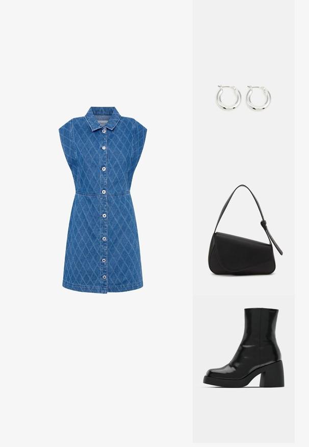 Denim jurk met een kraag, diamantpatroon textuur, cap mouwen en knoopsluiting aan de voorkant. Blauwe kleur, getailleerd bij de taille, knielang.; Zwarte enkellaarzen met een glanzende afwerking, vierkante neus en een dikke blokhak. Het ontwerp heeft een naadloze silhouet en minimale branding.; Zwart leren handtas met een driehoekige vorm, schuine klep en een ronde handgreep. Heeft een gladde textuur en minimalistische ontwerpelementen.; Zilveren oorbellen in de vorm van een ring met een gepolijste afwerking, met een cirkelvorm en een scharnierende postsluiting. Glad oppervlak met minimale details.