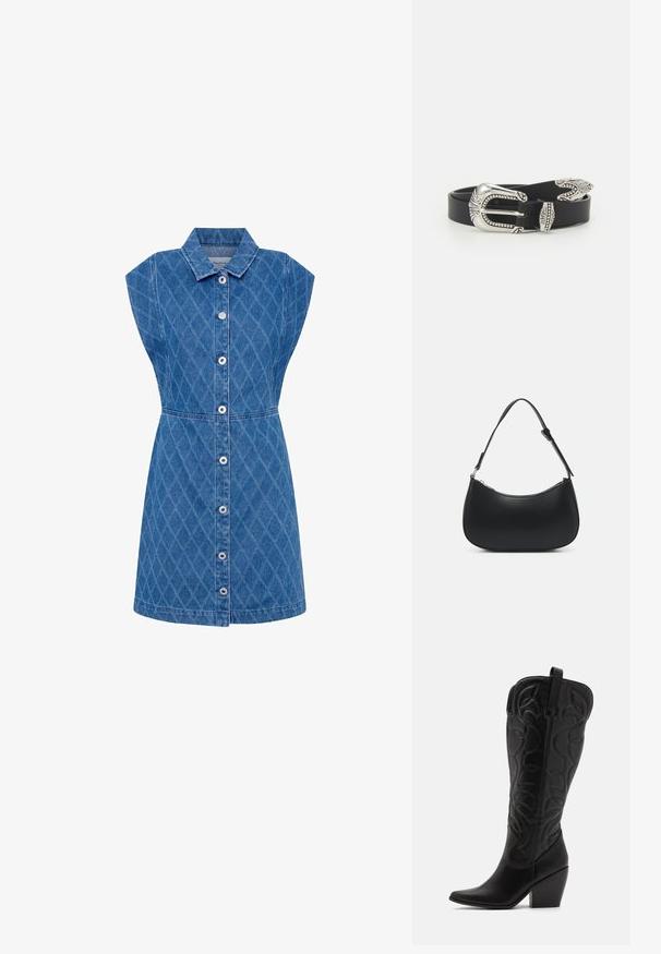 Robe en denim avec un col cranté, texture en motif de diamant, manches courtes et fermeture à boutons sur le devant. Couleur bleue, taille cintrée, longueur au genou.; Bottes hautes en cuir noir jusqu'aux genoux avec bout pointu et talon empilé. Caractéristiques de coutures décoratives et éléments de design courbés.; Pieces PCALUANA SHOULDER BAG - Sac à main - black; Ceinture en cuir noir avec une grande boucle en métal argenté dotée de détails complexes et d'accents décoratifs à chaque extrémité.