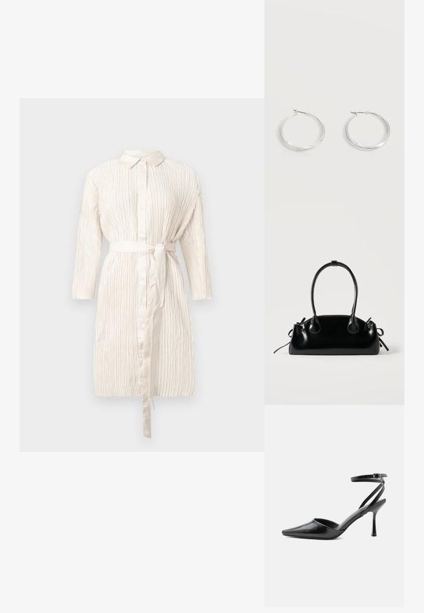 Vestido marfil de manga larga con botones en la parte delantera, cintura ceñida con cinturón y tejido texturizado con pliegues. Presenta un cuello clásico y un suave brillo.; Zapato de tacón alto negro de punta fina con delgadas correas en el tobillo y cierre de hebilla plateada sobre un fondo liso claro.; Pequeño bolso negro brillante con dos asas largas y detalles de cordón lateral sobre un fondo claro liso.; Pendientes de aro de metal plateado con superficie lisa y ligeramente curvada y cierre de tipo mosquetón sobre un fondo blanco liso.