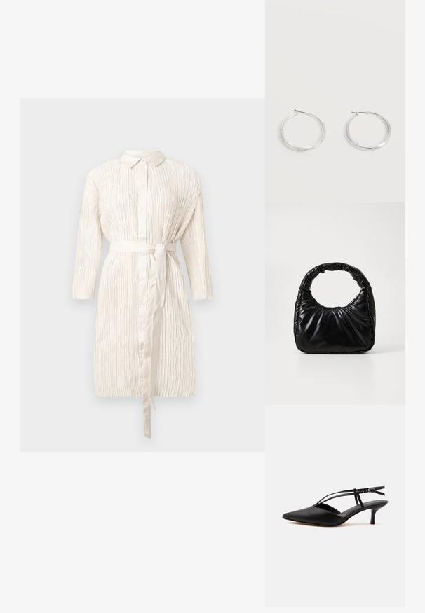 Vestido marfil de manga larga con botones en la parte delantera, cintura ceñida con cinturón y tejido texturizado con pliegues. Presenta un cuello clásico y un suave brillo.; Zapato de piel negra con puntera puntiaguda y tacón kitten, con tira fina en el tobillo y hebilla, diseño slingback, sobre un fondo liso y claro.; Bolso negro acolchado con un asa redondeada, que presenta una superficie lisa y brillante y una textura suave y acolchada. Sin herrajes ni acentos visibles.; Pendientes de aro de metal plateado con superficie lisa y ligeramente curvada y cierre de tipo mosquetón sobre un fondo blanco liso.