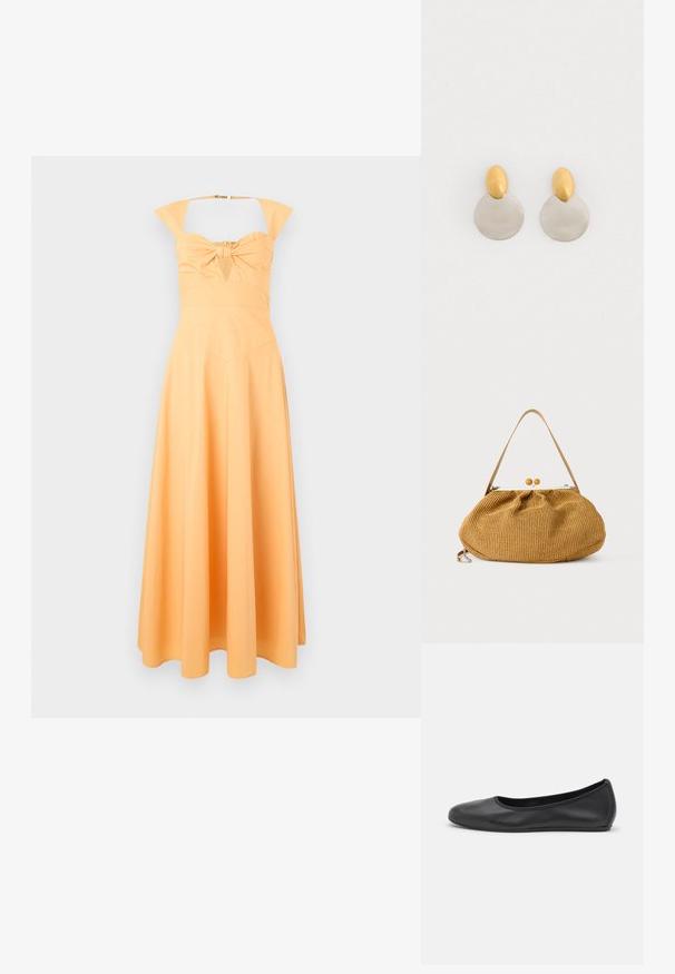 Robe jaune avec un corsage ajusté, détail de nœud au centre et jupe évasée. Dispose de larges bretelles et d'une texture lisse.; Ballerines en cuir noir avec un bout rond, texture lisse, détails de couture minimalistes et design de semelle flexible.; Sac à main tressé marron avec un corps arrondi, une fermeture à bouton boule en bois, et une bandoulière fine en cuir.; Boucles d'oreilles en métal doré et argenté avec une base en disque rond et une pièce supérieure ovale, texture lisse et finition polie.