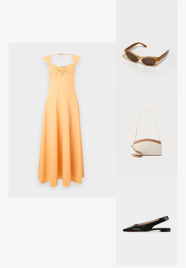 Kollane kleit, millel on sobiv bodice, keskel paelaga detail ja laienev seelik. Omab laiad õlapaelad ja siledat tekstuuri.; Mustast nahast slingback madal konts ja terava varbaga king valgel taustal.; Pruunides toonides päikeseprillid, millel on poolläbipaistev amberraam. Erakordne nurkne kuju, peened pruunid käed ja diskreetne logo detail.yn; Väike beežikas-pruun Michael Korsi õlakott kuldse kett-rihmaga ning MK logo mustriga üle kogu pinna.