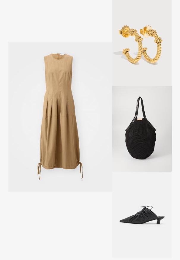 Proenza Schouler White Label MARLEY DRESS IN TECH - Hverdagskjole - dark birch; Sorte læder slip-on mules med spids tå, samlet tekstur og en lille kitten heel. Har en snor-detalje ved åbningen.; Sort vævet tote taske med en oval form, prydet med glatte håndtag og et tekstureret netlignende design. Etiketten er synlig på siden.; Guld snoede reb-textur øreringe i hoop med sommerfugle-lukninger på en lys baggrund.