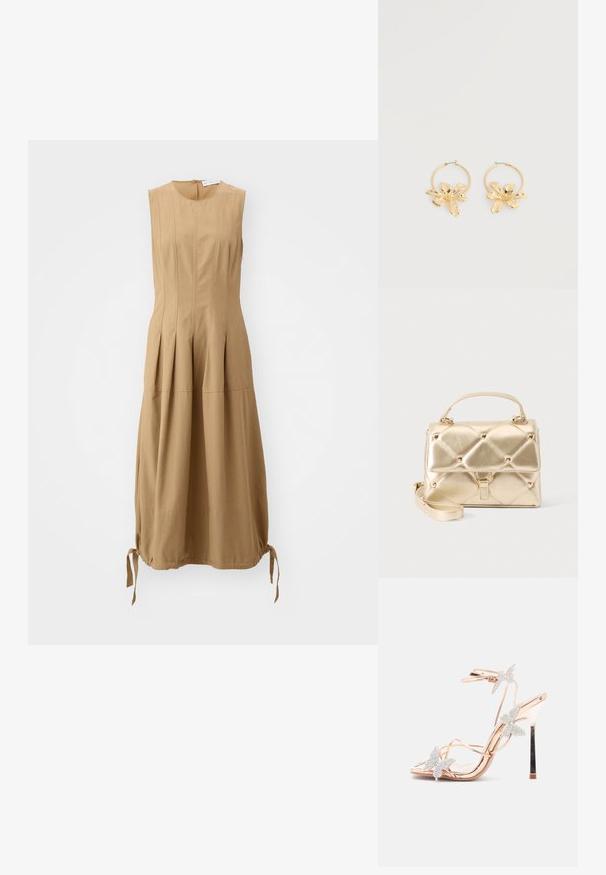 Proenza Schouler White Label MARLEY DRESS IN TECH - Hverdagskjole - dark birch; Roseguld højhælet sandal med spids tå, pyntet med tre sommerfugleapplikationer med krystaldetaljer og tynde ankelremme.; Lille metalisk guldtaske med håndtag øverst, aftagelig skulderrem, quiltet mønster og guldfarvede nitter på ensfarvet baggrund.; Gyldne øreringe i hoop med store, teksturerede blomsterformede vedhæng, vist på en ensartet hvid baggrund.