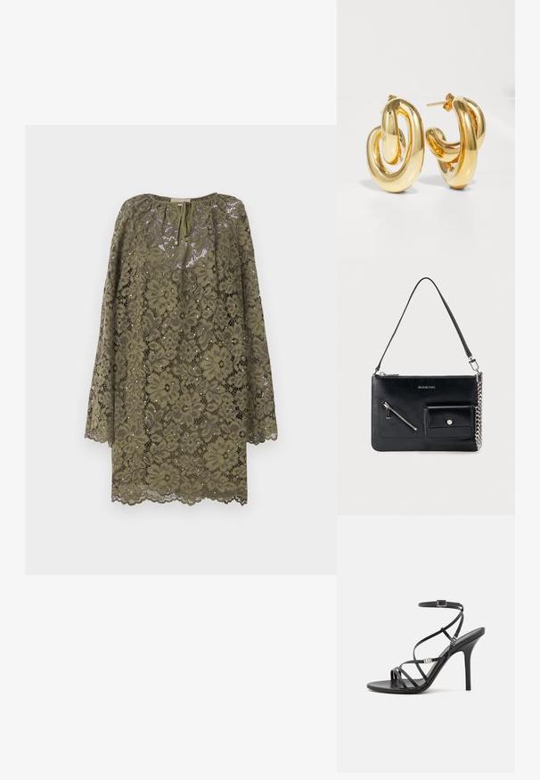 Oliven grøn blondekjole med lange ærmer, blomsterdesign, rund halsudskæring og snorelukning foran. Udfoldet kantdetalje.; Sort højhælet sandal med tynde stropper, en ankelspænde, en glat læderoverflade og en slank stilethæl.; Sort Michael Kors skuldertaske i læder med toplynlås, diagonal lynlåslomme foran, klaplomme med trykknap og sølvkædedetalje.; Charlotte Chesnais BO INITIAL BLOW - Øreringe - gold-coloured