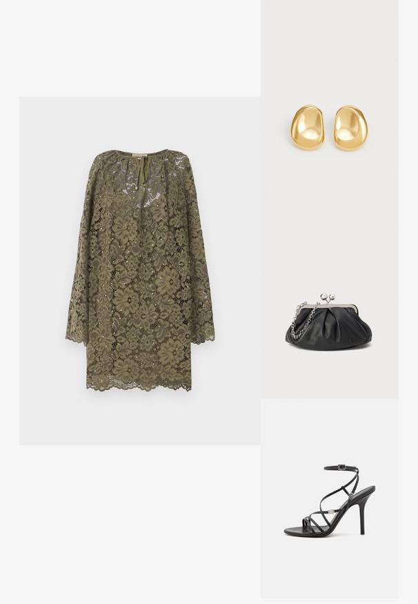 Oliven grøn blondekjole med lange ærmer, blomsterdesign, rund halsudskæring og snorelukning foran. Udfoldet kantdetalje.; Sort højhælet sandal med tynde stropper, en ankelspænde, en glat læderoverflade og en slank stilethæl.; Sort læder clutch med samlet tekstur, sølvfarvet metalramme, kys-lås lukning og kædestrop. Glat, blød overflade.; Guldfarvede stud øreringe med en glat, rund form og en reflekterende overflade, der fremhæver et minimalistisk design uden synlige mønstre.