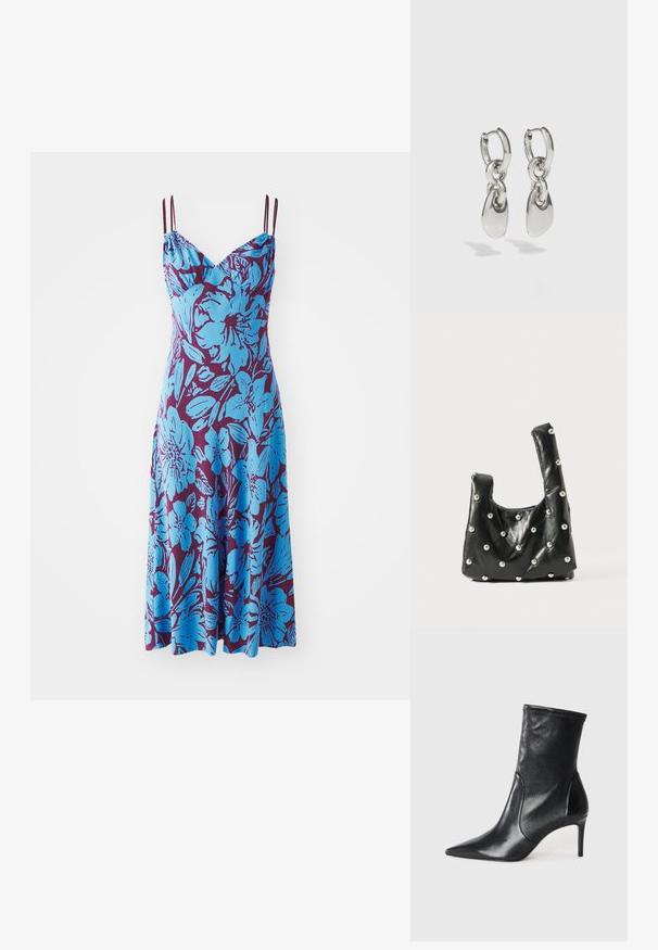 Ärmelloses Kleid mit blauem Blumenmuster auf tiefem lila Hintergrund; es verfügt über verstellbare Spaghetti-Träger und eine lockere Passform.; Schwarze Stiefeletten aus glattem Leder, mit einer spitzen Zehe, schmalem Schaft und schlanker, hoher Ferse. Minimalistisches Design ohne sichtbare Beschläge.; Schwarze Lederhandtasche mit einer weichen Textur, runden Obergriffen und metallischen Perlenakzenten auf der Oberfläche. Kompakte, strukturierte Form.; Silberne Creolen mit verlängerten ovalen Gliedern, die eine polierte Oberfläche und einen strukturierten Anhänger aufweisen. Einfaches Design mit glatten Kanten.