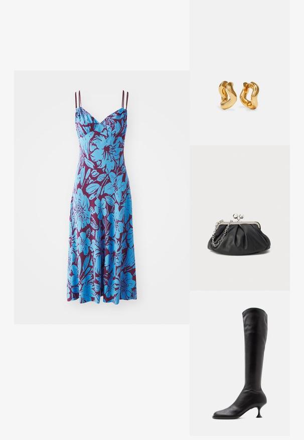 Ärmelloses Kleid mit blauem Blumenmuster auf tiefem lila Hintergrund; es verfügt über verstellbare Spaghetti-Träger und eine lockere Passform.; Schwarzer kniehoher Lederstiefel mit abgerundeter Spitze und schlankem, geschwungenem, mittelhohem Absatz vor weißem Hintergrund.; Schwarze Leder-Clutch mit geraffter Textur, silberfarbener Metallrahmen, Druckverschluss und Kettenriemen. Glatte, weiche Oberfläche.; Goldfarbene Creolen mit wellenförmigem Design, das eine glatte, glänzende Oberfläche und eine stromlinienförmige Form aufweist. Keine sichtbaren Verschlüsse.