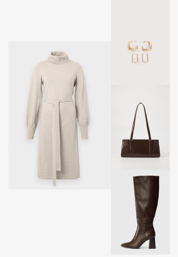 Robe tricotée beige avec un col montant, de longues manches bouffantes et une ceinture à la taille. Présente une coupe droite avec des accents côtelés.; Botte en cuir marron hauteur genou avec un bout pointu et un talon texturé épais. Fini lisse avec des détails de couture minimaux.; Sac à main en cuir verni marron de forme rectangulaire, avec deux longues poignées et des accents courbés subtils à l'avant.; Deux paires de Boucles d'oreilles créoles géométriques dorées sur une surface blanche unie, une paire carrée et pleine, une paire rectangulaire et creuse.