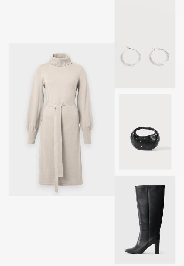Robe tricotée beige avec un col montant, de longues manches bouffantes et une ceinture à la taille. Présente une coupe droite avec des accents côtelés.; Bottes montantes en cuir noir à bout pointu et à talon carré. Texture lisse avec des détails de couture subtils.; Sac à main en cuir noir de forme arrondie, décoré de clous argentés et équipé d'une poignée courte. Texture lisse et fermeture éclair.; Boucles d’oreilles créoles en métal argenté avec une surface lisse légèrement incurvée et des fermoirs à clapet sur un fond blanc uni.