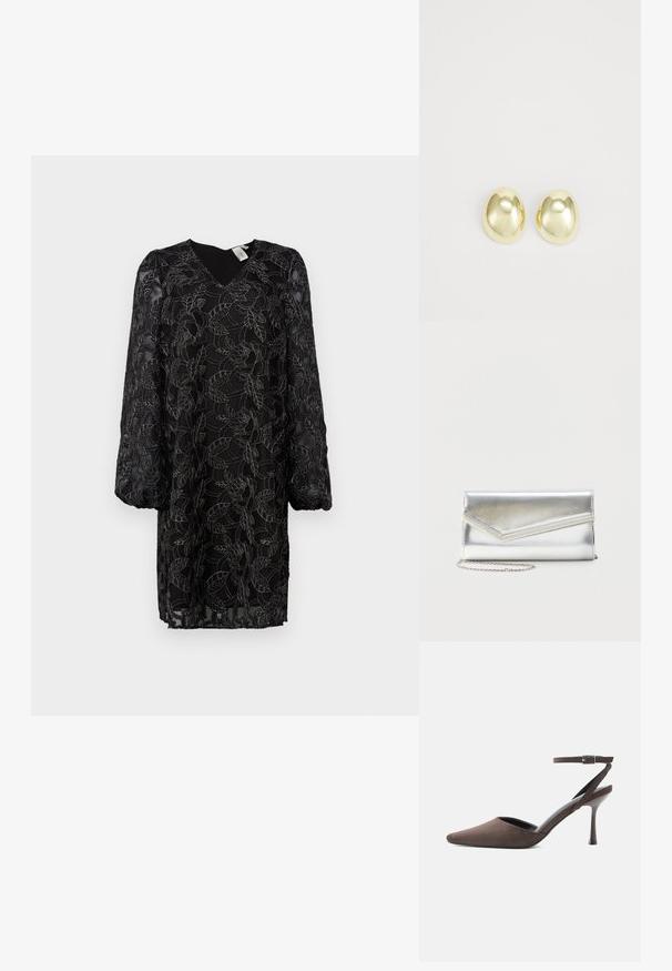 Schwarzes Spitzenkleid mit floralem Muster, V-Ausschnitt und langen Puffärmeln. Durchsichtiger Stoff mit Innenfutter; lockere Passform und bis zur Mitte des Oberschenkels.; Brauner Veloursleder-Pumps mit spitz zulaufender Spitze, dünnem Knöchelriemen und silberner Schnalle vor weißem Hintergrund.; Glänzende silberne Clutch mit Umschlagklappe und dekorativem Besatz, kleiner silberner Kettenriemen, auf einfachem hellem Hintergrund.; Goldfarbene Metallstanzohrringe mit einer glatten, abgerundeten Form und polierter Oberfläche. Einfaches Design ohne zusätzliche Verzierungen.