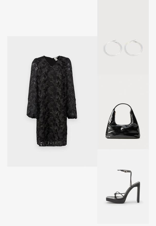 Schwarzes Spitzenkleid mit floralem Muster, V-Ausschnitt und langen Puffärmeln. Durchsichtiger Stoff mit Innenfutter; lockere Passform und bis zur Mitte des Oberschenkels.; DeeZee High Heel Sandalette - black; Schwarze Lacklederhandtasche mit einem halbkreisförmigen Griff, trapezförmiger Form, glatter Oberfläche und einem einzigen Reißverschlussdetail.; Paar glänzende silberne Creolen mit dünnen Drahtverschlüssen, dargestellt vor einem hellgrauen Hintergrund.