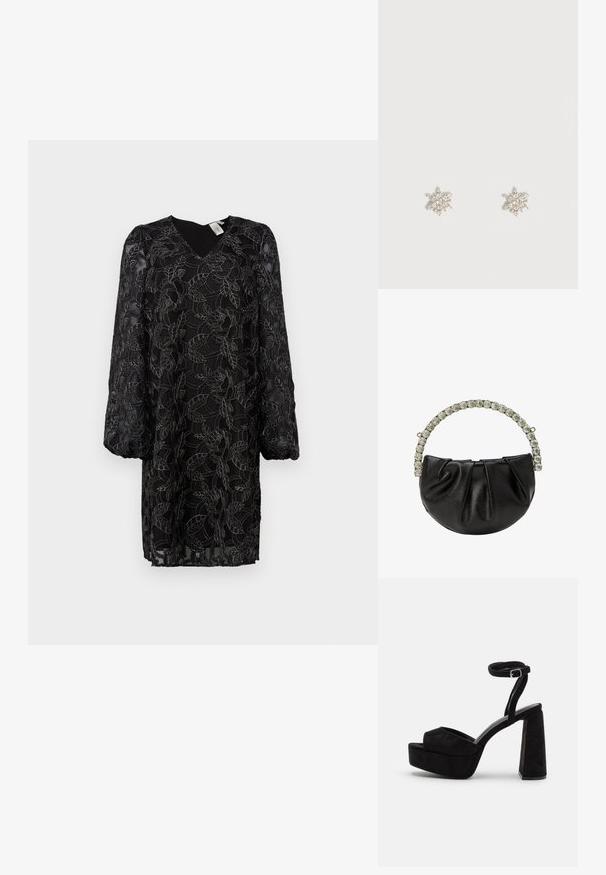 Schwarzes Spitzenkleid mit floralem Muster, V-Ausschnitt und langen Puffärmeln. Durchsichtiger Stoff mit Innenfutter; lockere Passform und bis zur Mitte des Oberschenkels.; Schwarze Plateausandalen mit Wildlederstruktur, breitem Vorderriemen, Knöchelriemen mit Schnalle und klobigem Blockabsatz. Schlankes und modernes Design.; Schwarze Ledertasche mit gerafftem Design und einem mit Kristallen verzierten Griff, mit runder Form und glatter Textur.; Ohrstecker in Sternform in Silber-Ton mit mehreren kleinen klaren Kristallen auf schlichtem weißem Hintergrund.