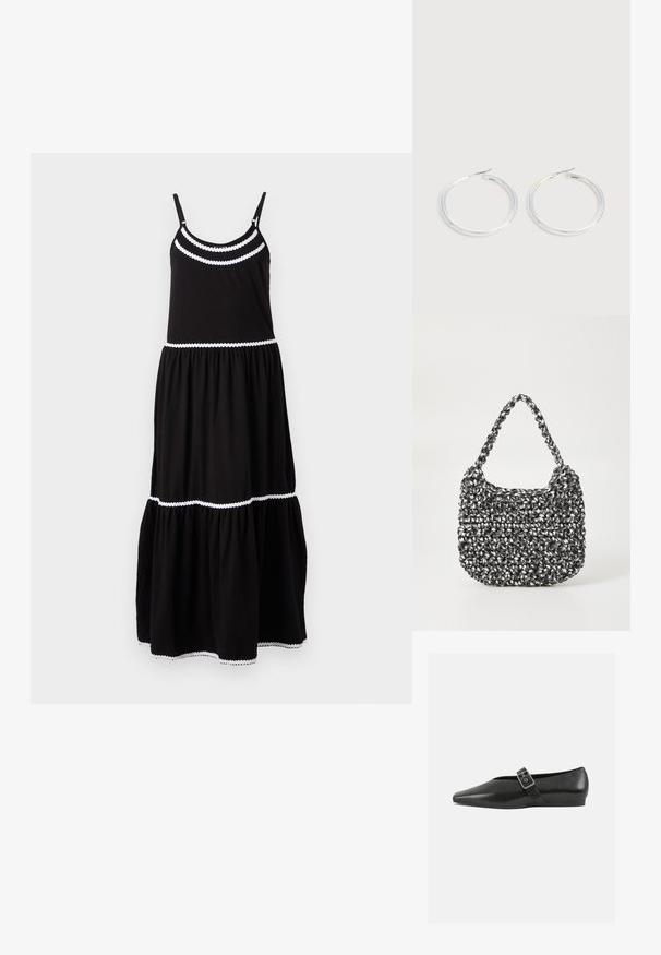 Schwarzes Baumwoll-Maxikleid mit verstellbaren Spaghetti-Trägern, weißen gewellten Abschlüssen, gestuftem Design und fließendem Rock. Geeignet für die Alltagsmode.; Schwarze Lederflachschuhe mit spitzem Zehenbereich, ausgestattet mit einem metallischen Riemen über dem Spann und einer niedrigen, flexiblen Sohle.; Gewebte Handtasche in Schwarz und Weiß mit runder Form, strukturiertem Oberflächenfinish und geflochtener Grifffläche. Geeignet für den lässigen Gebrauch.; Paar glänzende silberne Creolen mit dünnen Drahtverschlüssen, dargestellt vor einem hellgrauen Hintergrund.