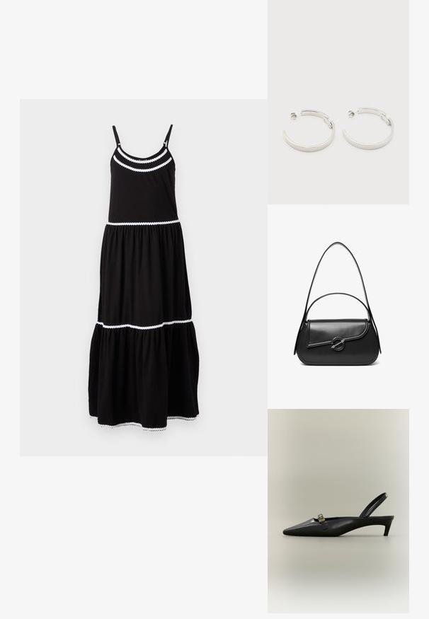 Schwarzes Baumwoll-Maxikleid mit verstellbaren Spaghetti-Trägern, weißen gewellten Abschlüssen, gestuftem Design und fließendem Rock. Geeignet für die Alltagsmode.; Schwarzer Slingback-Kitten-Heel aus Leder mit spitz zulaufender Zehenpartie und kleiner goldfarbener Schnalle auf einfarbigem Hintergrund.; Schwarze Lederschultertasche mit einer geschwungenen Klappe, die durch einen runden Metallverschluss gesichert ist, und einem schlanken, verstellbaren Riemen.; Ohrstecker in Silberoptik, halbkreisförmig mit geriffelter Textur und Steckverschlüssen, auf weißem Hintergrund.