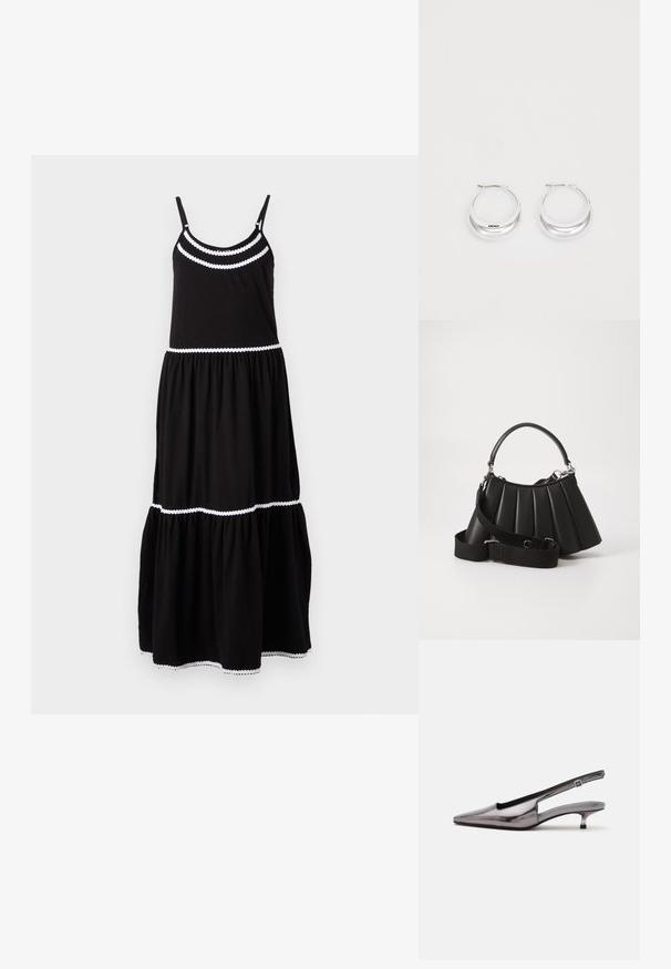 Sort bomulds maxi kjole med justerbare spaghetti stropper, hvidt bølget kant, lagdelt design og flydende skørt. Passer til afslappet brug.; Metalgrå spids slingback-sko med lav kittenhæle og justerbar rem på hvid baggrund.; Sort plisseret handbag med et rundet håndtag, justerbar rem og blank overflade. Har sølvfarvet hardware og en struktureret silhuet.; Sølv hoops øreringe med en poleret overflade og DKNY branding, præsenteret mod en simpel hvid baggrund.