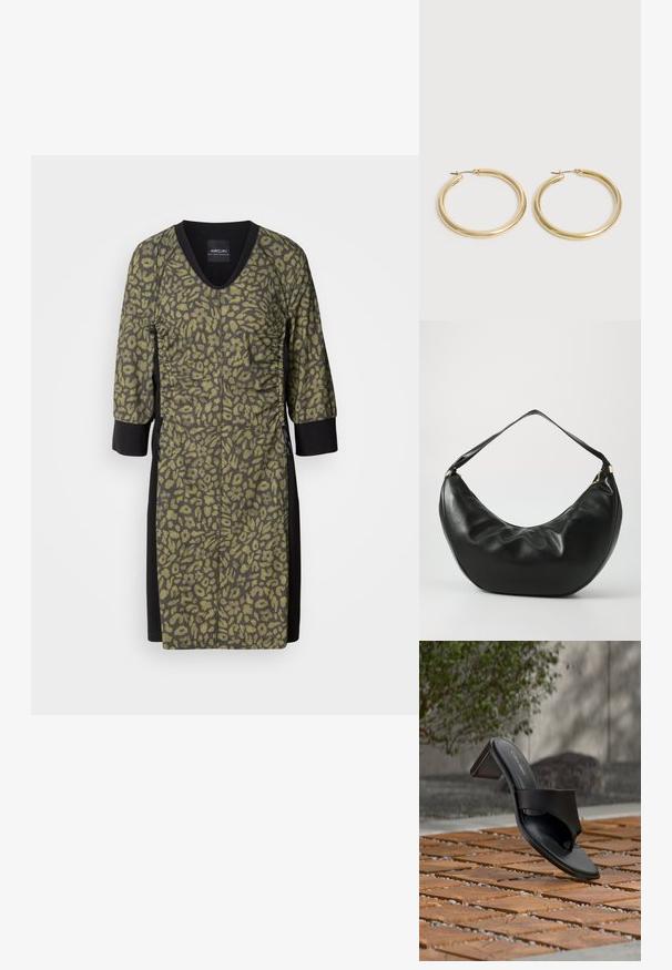 Robe à imprimé léopard avec un col en V, des manches trois-quarts et un tissu texturé de couleur vert olive. Panneaux latéraux et détails noirs pour le contraste.; Sandale à talon noire Calvin Klein avec boucle pour l’orteil, posée sur un sol en carreaux de bois en extérieur, près d’un arbre et d’un mur en pierre.; Sac à épaule en cuir noir, de forme courbée, avec une texture douce et une seule sangle; il comporte une fermeture éclair dorée et un logo discret.; Paire de boucles d'oreilles créoles en or lisse et brillant avec des tiges fines et des fermoirs à charnière sur un fond clair uni.