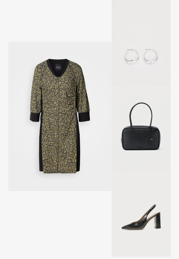 Robe à imprimé léopard avec un col en V, des manches trois-quarts et un tissu texturé de couleur vert olive. Panneaux latéraux et détails noirs pour le contraste.; Chaussure slingback en cuir noir à bout pointu avec un talon bloc haut et une doublure intérieure beige sur un fond clair uni.; Sac à main rectangulaire noir avec doubles poignées arrondies, fermeture éclair dorée et logo "HUGO" embossé sur le devant avec une étiquette en cuir attachée.; Boucles d'oreilles en argent avec une finition polie et un branding DKNY, présentées sur un fond blanc uni.
