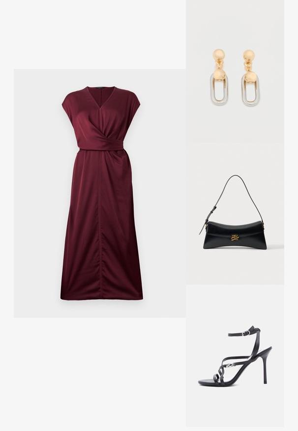 Mouwloze bordeaux midi-jurk met V-hals, geplooid taille detail en een naad in het midden voor.; Zwarte high-heeled sandaal met dunne bandjes, enkelgesp en een metalen logodetail aan het zijbandje, afgebeeld tegen een witte achtergrond.; Zwarte leren handtas met gebogen trapeziumvorm, bovenhandvat en gouden decoratieve gesp op de voorflap tegen een witte achtergrond.; Gouden en zilveren oorbellen met een bolvormige bovenzijde en een langwerpig, ovaalvormig hangend element met een glanzende afwerking.