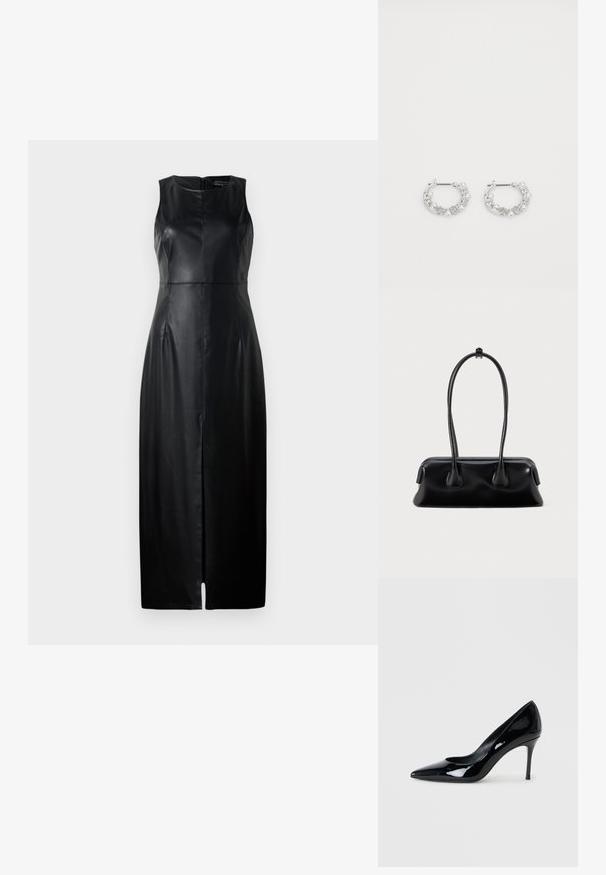 Schwarzes ärmelloses Kleid aus Leder, mit tailliertem Schnitt, knielanger Länge und einem dezenten Schlitz vorne. Rückseitiger Reißverschluss.; Schwarze Lacklederpumps mit spitzer Zehenpartie und schlankem Stiletto-Absatz. Glatte Textur mit glänzender Oberfläche und minimalistischem Design.; Schwarze Lederhandtasche mit zwei langen Griffen, glatter Textur und einer abgerundeten Basis mit dekorativen Akzenten an den Seiten.; Silberne Creolen mit Perlen- und Kristallakzenten, ausgestattet mit einer strukturierten Oberfläche und einem sicheren Steckverschluss.