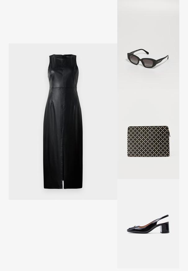 Must have mustritus jne mustri leennnaga must, mudane loodraag, kõhn lõige, põlvepikkusega ja delikaatse esise lõhega. Tagumine lukk.; Läikiv must nahast slingback-king madala plokktallaga ja dekoratiivse pandlaga terava ninaga, näidatud külgvaates valgel taustal.; Mustad mustakestilised prillid, millel on gradueeritud läätsed. Valmistatud plastikust, kuldse brändinguga templites ning mati viimistlusega.; Must kolmnurkse kujuga lukuga kott beežide latt ja lillemustriga, tekstuurse pinnaga ning kuldse tõmbluku tõmbega paremal küljel.