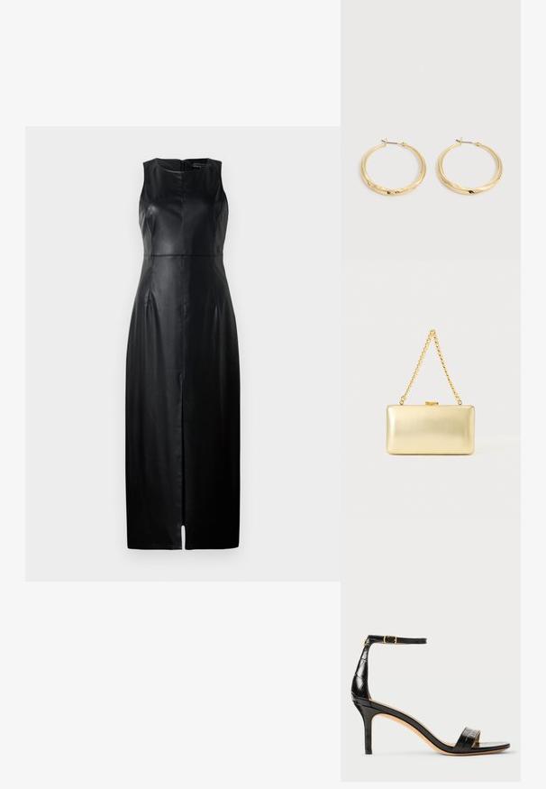 Schwarzes ärmelloses Kleid aus Leder, mit tailliertem Schnitt, knielanger Länge und einem dezenten Schlitz vorne. Rückseitiger Reißverschluss.; Schwarze Lackleder-High-Heel-Sandale mit Knöchelriemen, spitzem Zehenbereich und strukturiertem Krokodilmuster. Goldene Hardware-Akzentuierung an der Schnalle.; Rechteckige goldene Clutch mit glänzender Oberfläche, Metallverschluss und kurzem goldenen Kettenhenkel vor hellem, einfarbigem Hintergrund.; Paar polierte goldene Creolen mit dünnen Stegen und Klappverschlüssen, auf einem schlichten hellgrauen Hintergrund präsentiert.