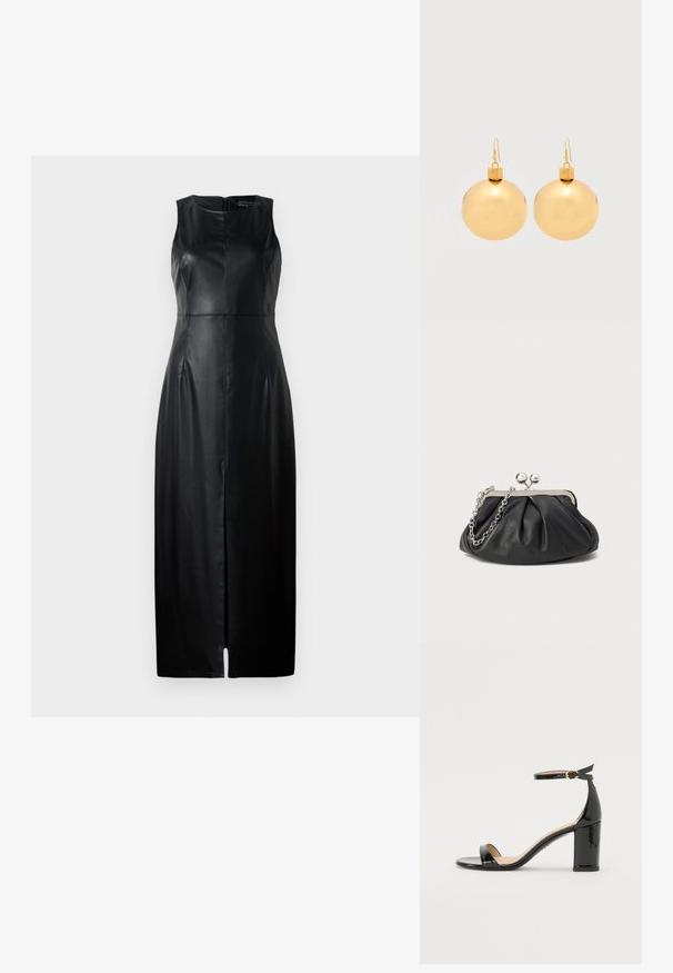 Vestido negro sin mangas de cuero, con un diseño ajustado, corte a la altura de la rodilla y una sutil abertura frontal. Detalle de cierre de cremallera en la parte posterior.; Sandalia de tacón alto en charol negro con pulsera en el tobillo y hebilla dorada, punta abierta y tacón ancho sobre fondo blanco.; Clutch de cuero negro con textura arrugada, marco de metal en tono plateado, cierre de beso y cadena para colgar. Superficie suave y lisa.; Par de pendientes de bola navideña dorados brillantes con cierre de gancho sobre un fondo blanco liso.