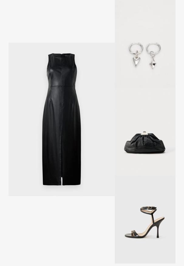 Vestido negro sin mangas de cuero, con un diseño ajustado, corte a la altura de la rodilla y una sutil abertura frontal. Detalle de cierre de cremallera en la parte posterior.; Sandalia de tacón alto de charol negro con tira delgada en el tobillo y hebilla, punta abierta y tacón aguja esbelto sobre fondo blanco.; Bolso de mano de cuero negro con textura recogida, cierre de broche metálico y logo en relieve sutil en el frente. Forma redondeada.; Pendientes de aro de plata que presentan un corazón y un colgante en forma de diamante. Textura suave con un acabado pulido.