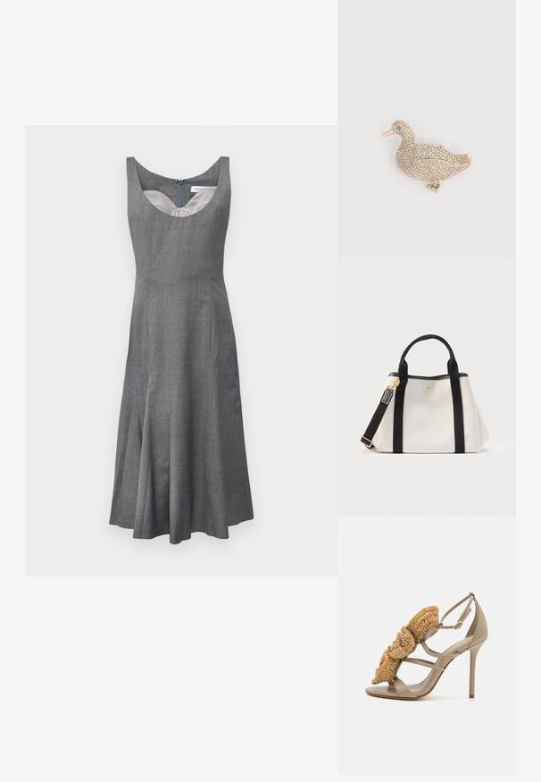 Grijze mouwloze jurk met een ronde hals, een uitlopende rok en een verborgen rits aan de achterkant. Gemaakt van textuurstof met een gladde voering.; Beige stiletto sandaal met een geweven stro-accessoire aan de voorkant, met een gestructureerd ontwerp en een gesloten achterkant. Gladde leren bovenkant en zool.; Witte handtas met zwarte handvatten en afneembare schouderriem, gouden beslag, en een klein rond logo in het midden aan de voorkant.; Eendenvormige broche versierd met kleine, heldere strass-steentjes en één blauwe strass-steen als oog, op een achtergrond van goudkleurig metaal.