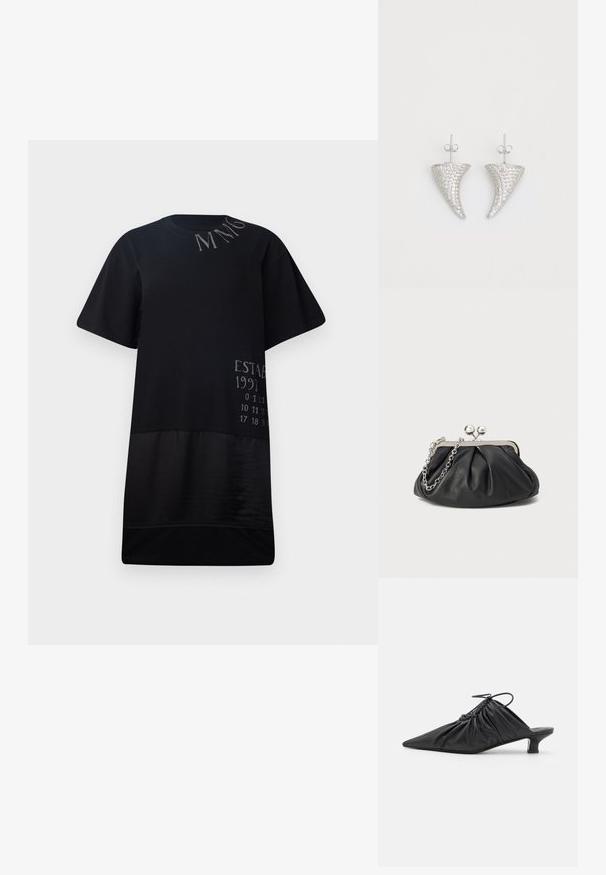 Camiseta negra de manga corta, con una textura suave, un corte holgado y texto impreso en gris en la parte delantera y en la sección inferior.; Mules negros de cuero sin hebillas con punta afilada, textura recogida y un pequeño tacón de gato. Presentan un detalle de cordón en la abertura.; Clutch de cuero negro con textura arrugada, marco de metal en tono plateado, cierre de beso y cadena para colgar. Superficie suave y lisa.; Pendientes en forma de cuerno plateado, engastados con pequeñas piedras transparentes, que cuentan con un cierre trasero para su sujeción. Textura suave y acabado metálico.