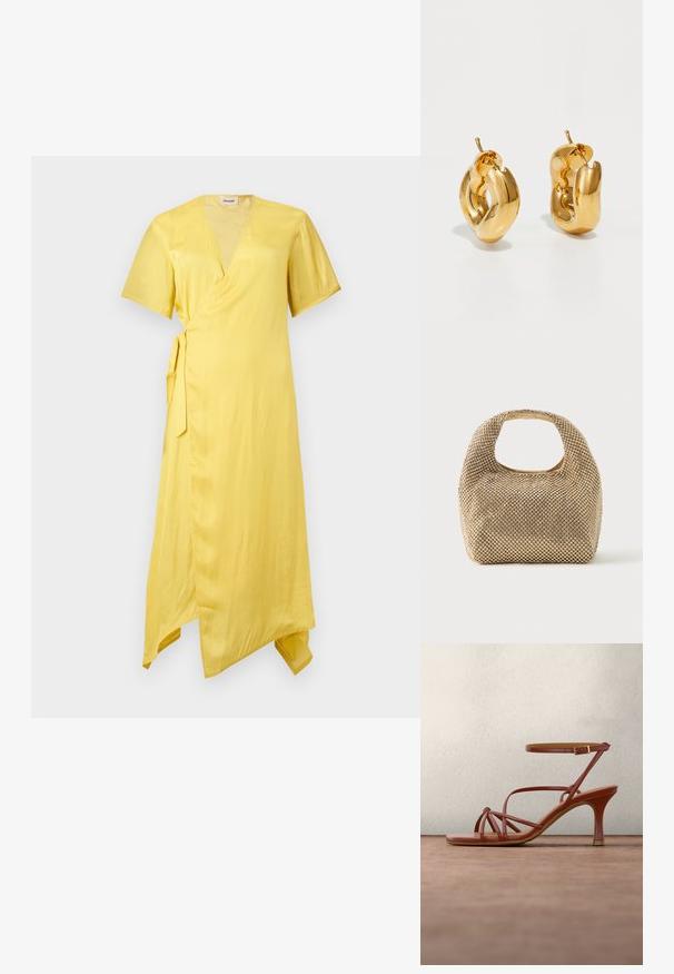 Robe portefeuille jaune avec manches courtes, col en V, lien à la taille sur le côté et ourlet asymétrique, présentée sur un fond clair uni.; Sandale à talons hauts marron avec lanières et boucle à la cheville, flottant au-dessus d'un sol en béton gris et d'un arrière-plan en verre flou.; Petit sac à main doré recouvert de clous ronds brillants avec une poignée courte et une découpe rectangulaire en haut.; Boucles d'oreilles créoles en or massif avec un design tubulaire légèrement tordu et des fermoirs à tige sur un fond blanc.