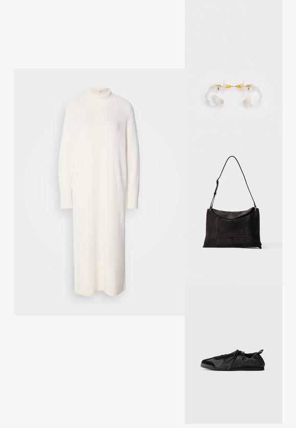 Strikket hvid kjole med høj hals, lange ærmer og ribbede manchetter. Har en lige silhuet og knælang længde med en subtil tekstur.; Sort sneakers med en glat læderoverdel og teksturerede suede detaljer. Har snørebånd fortil, en afrundet tå og en rillede gummisål.; Sort ruskind skuldertaske med justerbar rem, klap der foldes over og rektangulært forflap mod ensartet hvid baggrund.; Klare akryl hoops øreringe med guld accenter, der har et buet design og en transparent lås. Glat tekstur, minimalistisk stil.