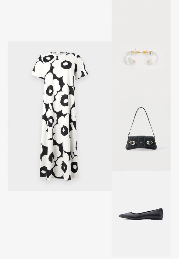 Vestido de patrón floral en blanco y negro con mangas cortas, escote redondo y un diseño fluido. Fabricado con tejido liviano.; Zapato plano de cuero negro con punta puntiaguda y tacón bajo, mostrado de perfil contra un fondo blanco.; Bolso de hombro de cuero negro con dos hebillas plateadas y correa ajustable, con el logo "HUGO" en el centro frontal.; Pendientes de aro de acrílico transparente con acentos dorados, que presentan un diseño curvado y un cierre transparente. Textura suave, estilo minimalista.