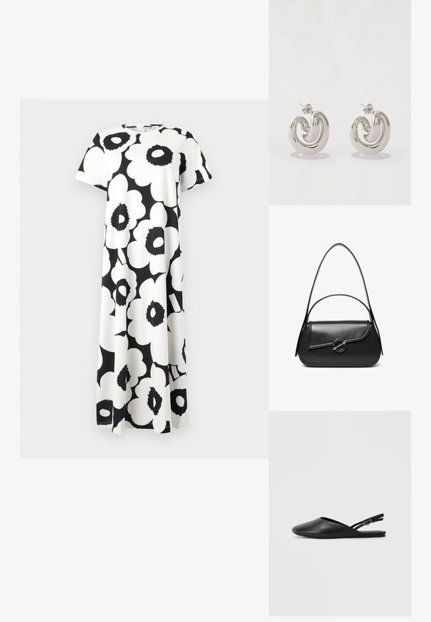 Vestido de patrón floral en blanco y negro con mangas cortas, escote redondo y un diseño fluido. Fabricado con tejido liviano.; Zapatos de cuero negro tipo slingback con punta afilada, diseño curvado y correa ajustable con hebilla. Textura suave, suela plana y detalles mínimos.; Bolso de hombro de cuero negro con una solapa curva asegurada por un broche metálico redondo y una correa delgada y ajustable.; Pendientes de metal plata con un diseño en espiral, que presentan superficies lisas y un acabado pulido, asegurados con un cierre de mariposa.