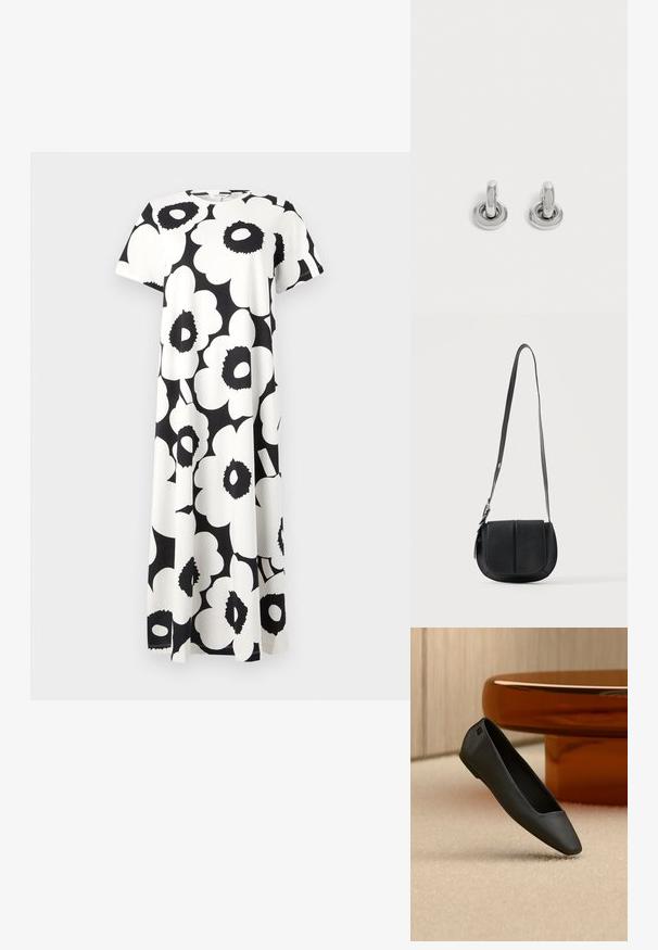 Vestido de patrón floral en blanco y negro con mangas cortas, escote redondo y un diseño fluido. Fabricado con tejido liviano.; Zapato plano negro de punta afilada descansando sobre una alfombra beige cerca de una mesa redonda de color ámbar en un entorno de habitación minimalista.; Bolso bandolera de cuero negro texturizado con base redondeada, solapa frontal y correa de hombro ajustable con hebilla metálica.; Par de pequeños pendientes de aro plateados brillantes con base redonda, exhibidos sobre un fondo claro y liso.