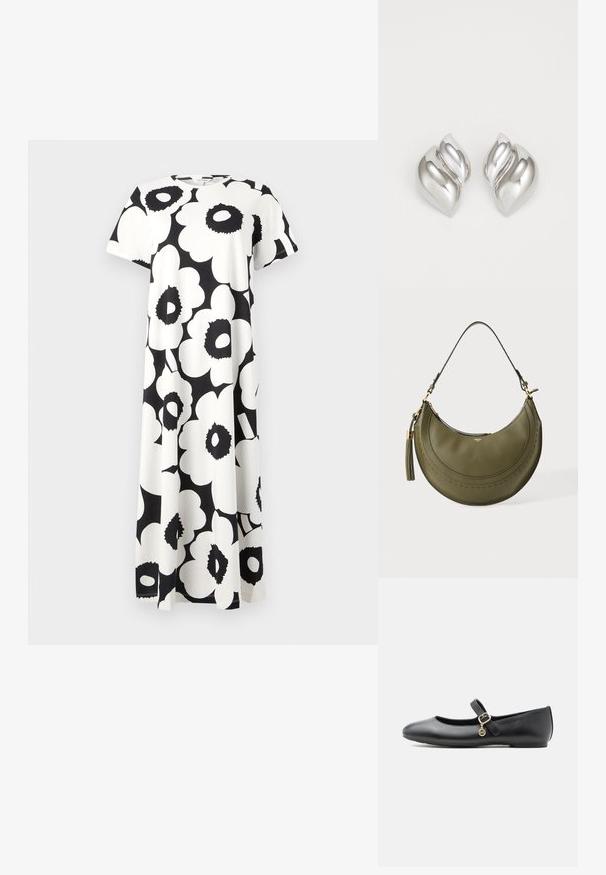Vestido de patrón floral en blanco y negro con mangas cortas, escote redondo y un diseño fluido. Fabricado con tejido liviano.; Zapato plano Mary Jane de cuero negro con una pequeña hebilla dorada y un charm circular sobre fondo blanco.; Bolso de mano de cuero verde oliva con forma de media luna, una sola correa para el hombro, herrajes dorados y un gran borlón colgando en el lado izquierdo.; Pendientes de plata con una forma orgánica y abstracta. Superficie lisa y brillante con un diseño cónico. Presentan suaves curvas y un detalle de línea central.