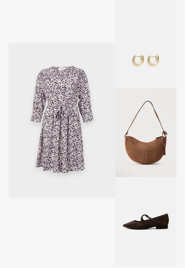 Vestido de estampado floral en color claro con acentos en azul marino, de manga larga, con botones en la parte delantera y detalle de cintura atada. Tejido suave y ligero.; Zapato Mary Jane de ante marrón oscuro con puntera puntiaguda, correa fina con hebilla metálica y tacón bajo en bloque, fotografiado de perfil sobre fondo blanco.; Bolso de ante marrón con forma curva de media luna. Cuenta con una correa para el hombro, una pequeña etiqueta y costuras visibles a lo largo de los bordes.; Pendientes de aro en tono dorado con un acabado suave y pulido. Presentan una forma de medio círculo y un cierre de poste seguro.