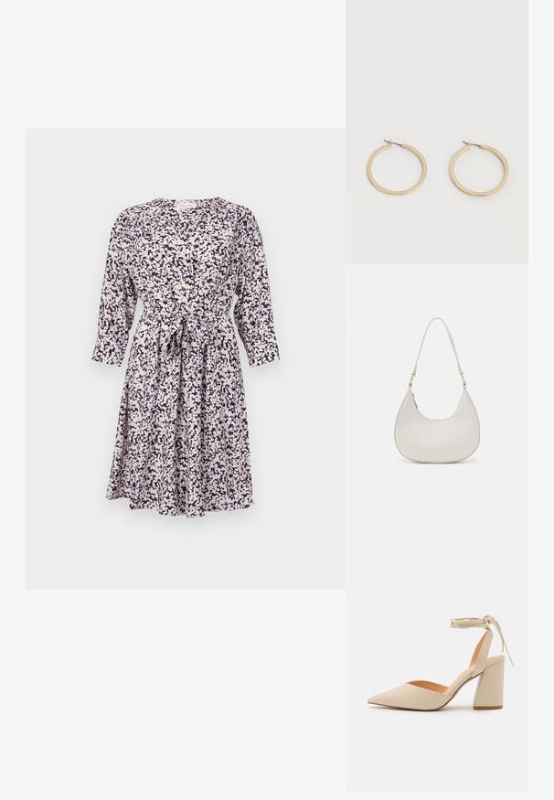 Vestido de estampado floral en color claro con acentos en azul marino, de manga larga, con botones en la parte delantera y detalle de cintura atada. Tejido suave y ligero.; Zapato de tacón alto beige con punta afilada, tira de tobillo y tacón ancho. Material sintético suave con un acabado mate.; Bolso de hombro de cuero crema con forma de media luna, correa delgada y sutil detalle de costuras. Diseño minimalista con acentos de hardware en tono dorado.; Par de pendientes de aro de tamaño mediano con tono dorado y cierre de bisagra sobre un fondo claro y liso.