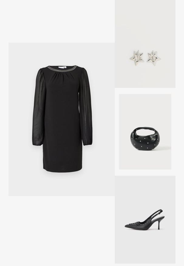 Zwarte jurk tot de knie met doorschijnende lange mouwen en een met kralen versierde halslijn, tentoongesteld op een plain witte achtergrond.; Zwarte leren slingback stiletto met spitse neus, zijgesp met gesp, studs langs de rand en decoratieve veters aan de voorkant.; Zwarte leren handtas met een afgeronde vorm, versierd met zilveren studs, en een korte handgreep. Gladde textuur en ritsluiting.; Zilverkleurige stervormige oorringen met een gladde, gepolijste afwerking op een effen witte achtergrond.