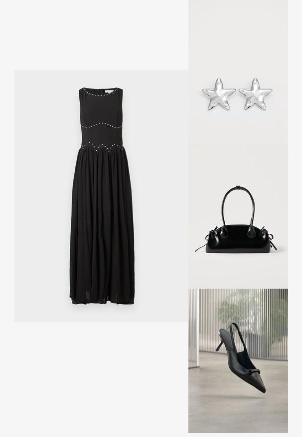 Vestido maxi negro con un cuerpo ajustado, escote redondo y falda fruncida, que presenta tachuelas plateadas en un patrón ondulado a lo largo de la cintura.; Zapato de tacón alto slingback de cuero negro texturizado con punta picuda y una pequeña hebilla decorativa, flotando sobre un suelo liso.; Pequeño bolso negro brillante con dos asas largas y detalles de cordón lateral sobre un fondo claro liso.; Pendientes en forma de estrella plateada con una superficie pulida y brillante. Cada pendiente presenta cinco puntas y sutiles detalles de textura en la superficie.