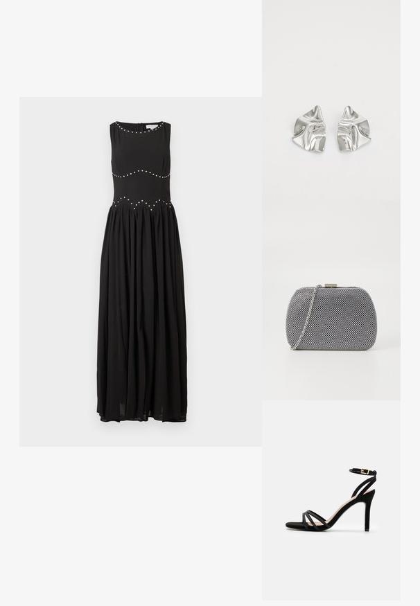 Sort maxiklæd med et tætsiddende liv, rund halsudskæring og en samlet skørt, prydet med sølvnitter i et bølget mønster langs taljen.; Anna Field Sandaler - black; Sorte og hvide teksturerede clutch-taske med rund form, sølvfarvet kædetrækt, og en metalspænde på toppen.; Sølvmetal øreringe med et bølgende, skulpturelt design, der har en poleret overflade og uregelmæssige former, hvilket fremhæver en moderne æstetik.