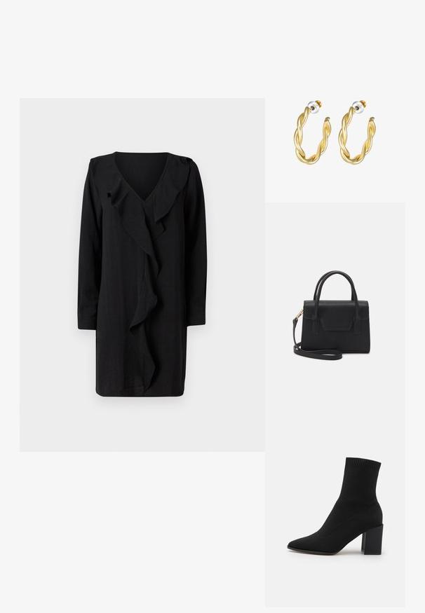 Schwarzes Kleid mit V-Ausschnitt und einem gerafften Frontdetails. Lange Ärmel und eine lässige Passform unterstreichen die elegante Ausstrahlung. Weicher Stoff.; Schwarze Knöchelliefe aus Stretchstoff, mit spitzem Zehenbereich und blockförmigem Absatz, mit gerilltem Besatz am oberen Rand.; Schwarze strukturierte Handtasche aus Leder mit einem oberen Tragegriff, abnehmbarem Schulterriemen und einer Klappe auf der Vorderseite. Akzente in Goldmetall.; Goldene, gedrehte Creolen mit glatter Oberfläche, ausgestattet mit transparentem Rücken und goldfarbenen Beschlägen.